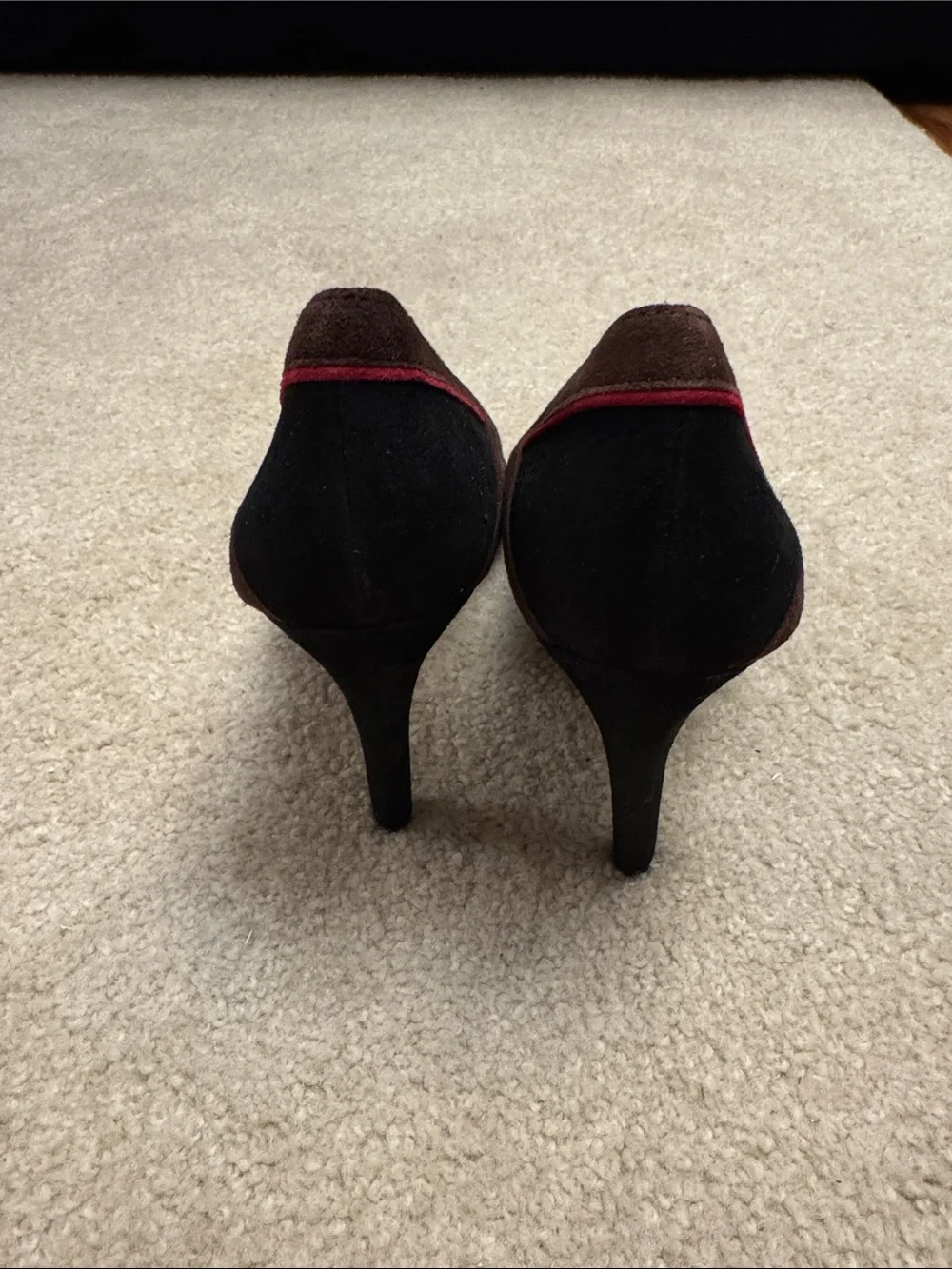 Via Spiga Brown Suede Peep Toe Heels with Red Accent